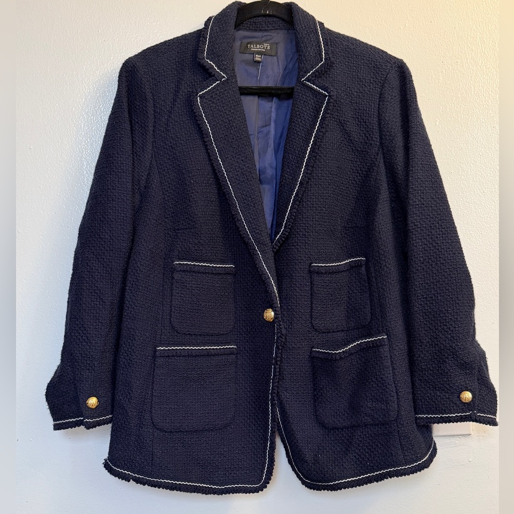 Talbots Navy Textured Blazer with Gold Accents